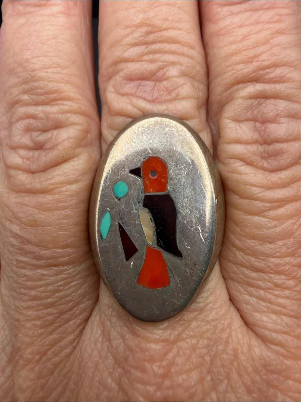 Vintage Zuni Bird Inlay Ring Turquoise Coral Sterling Silver 19.55g Native
